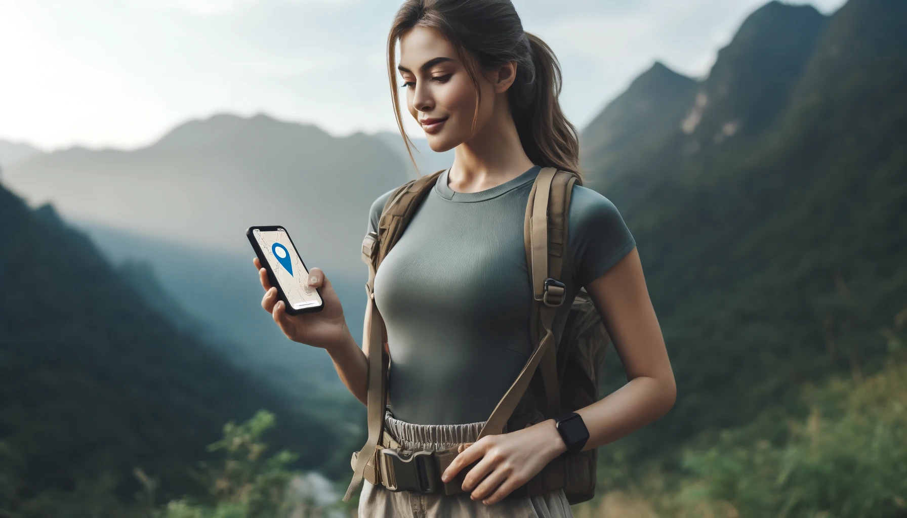 A woman standing outdoors using a location app on her smartphone