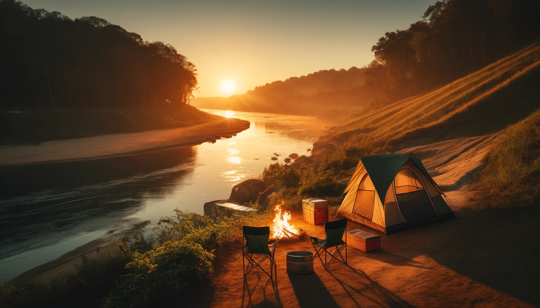 a camping site by a river during the setting sun