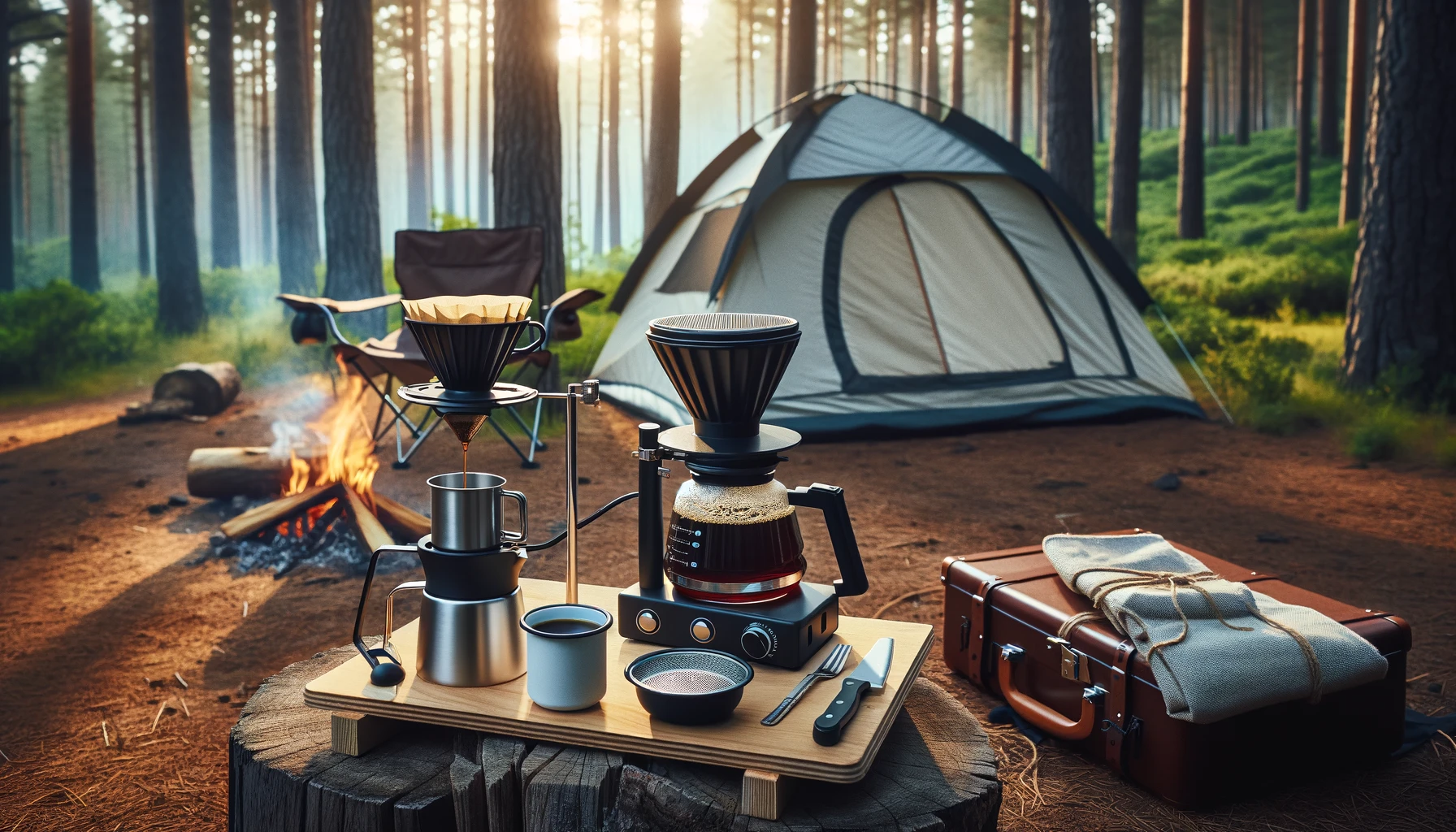 an outdoor camping site featuring coffee drip accessories