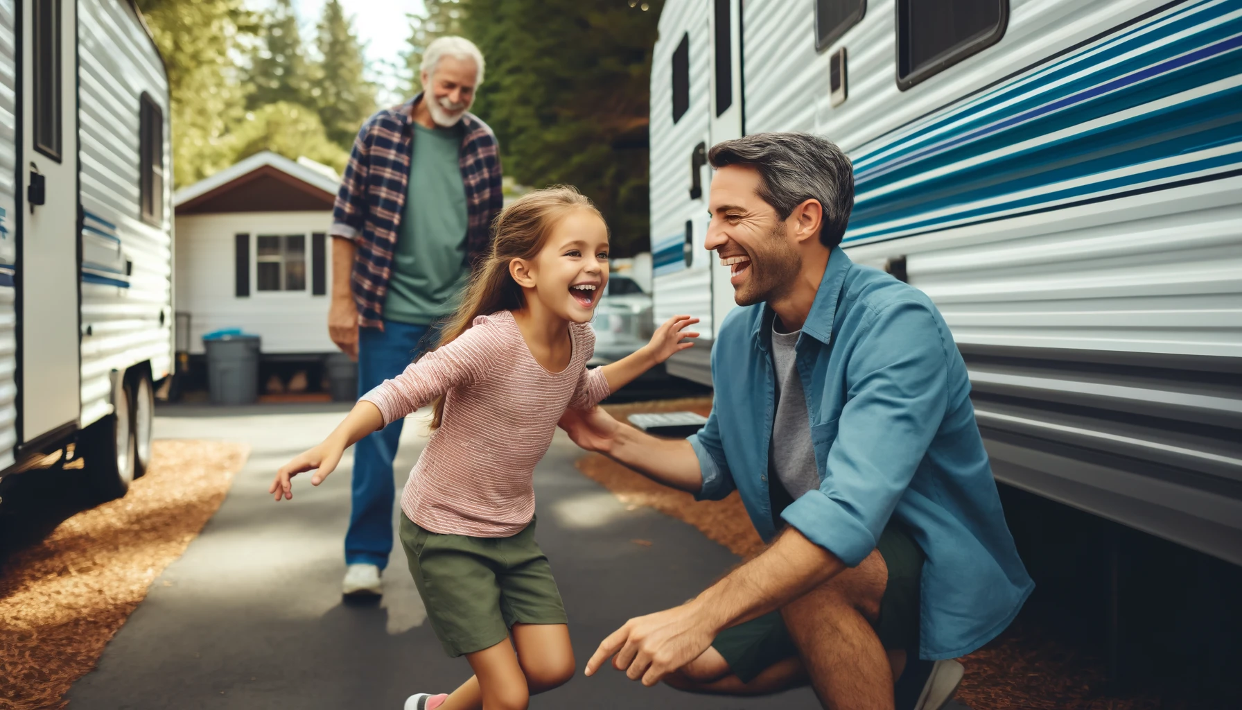 a cheerful girl having fun with her father at a trailer park