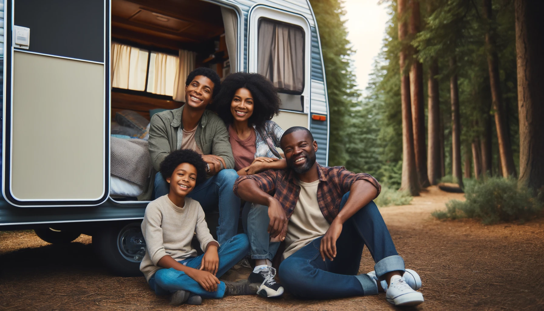 a cheerful black family relaxing in a camping trailer in the woods