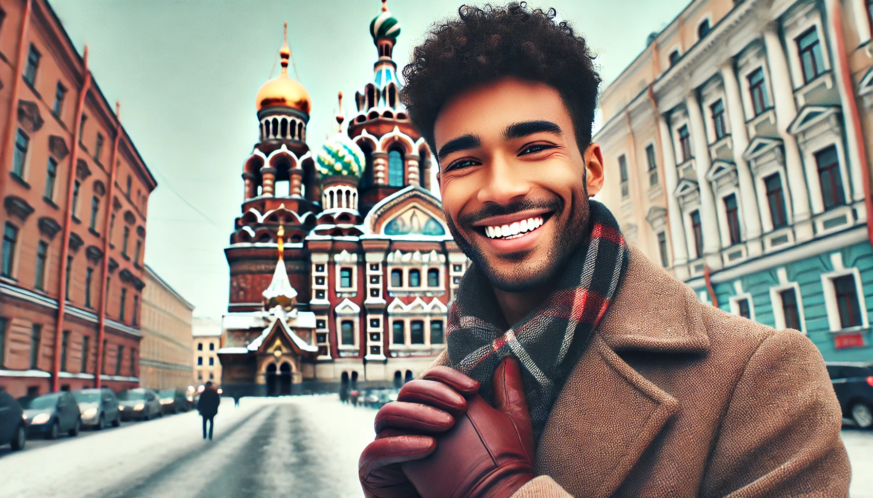 A young African American man with short curly hair is standing on a snowy street in front of the Church of the Savior on Spilled Blood in Saint Petersburg. He is wearing a warm coat and gloves.