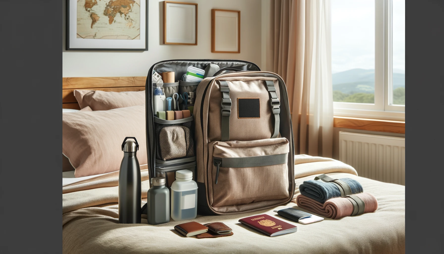 a neatly packed travel backpack placed on a bed with organized packing cubes and essential travel items 
