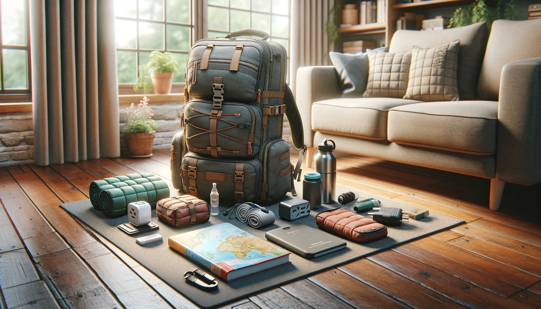  neatly organized travel backpack with essential items laid out beside it
