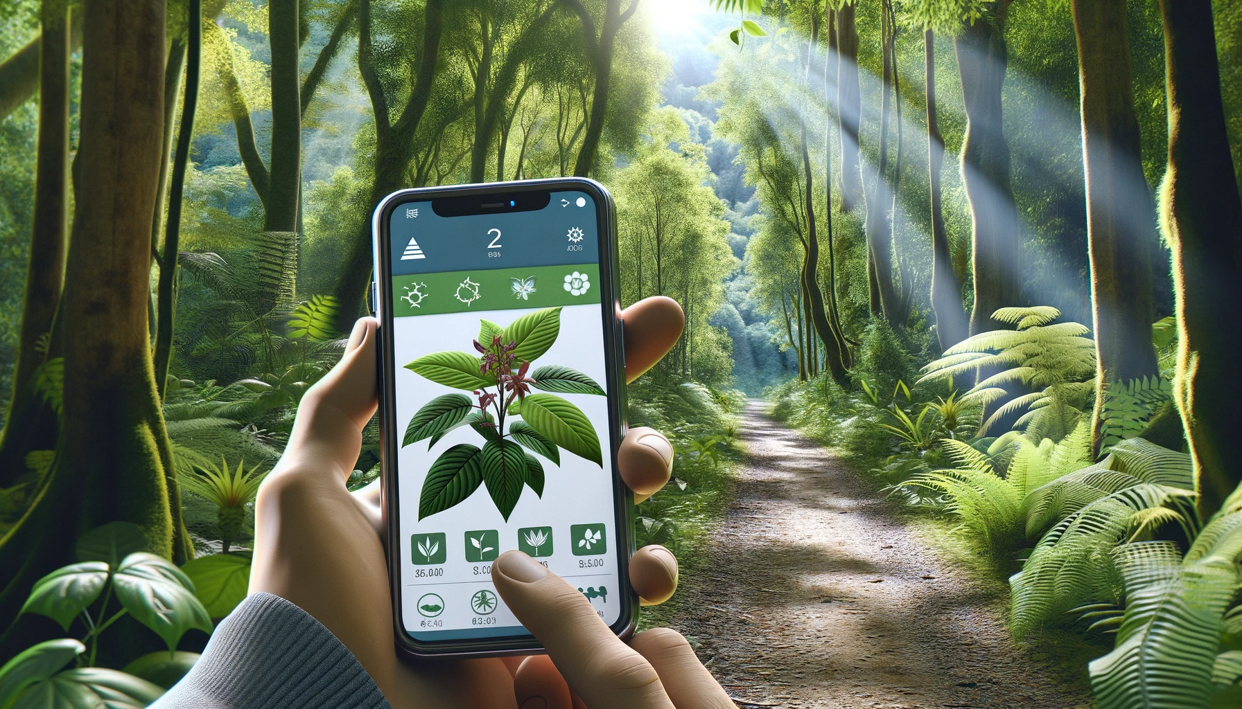 a smartphone on a hiking trail, with a plant identification app open on the screen. 