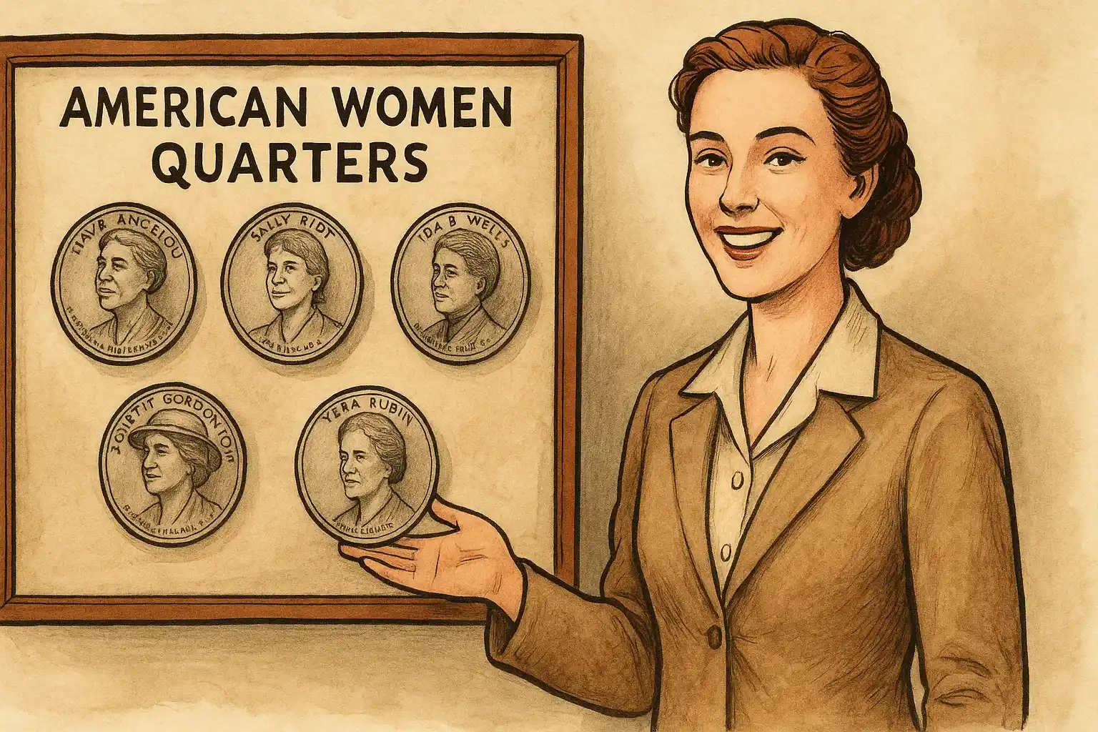 A numismatist is presenting a collection of American Women quarters.