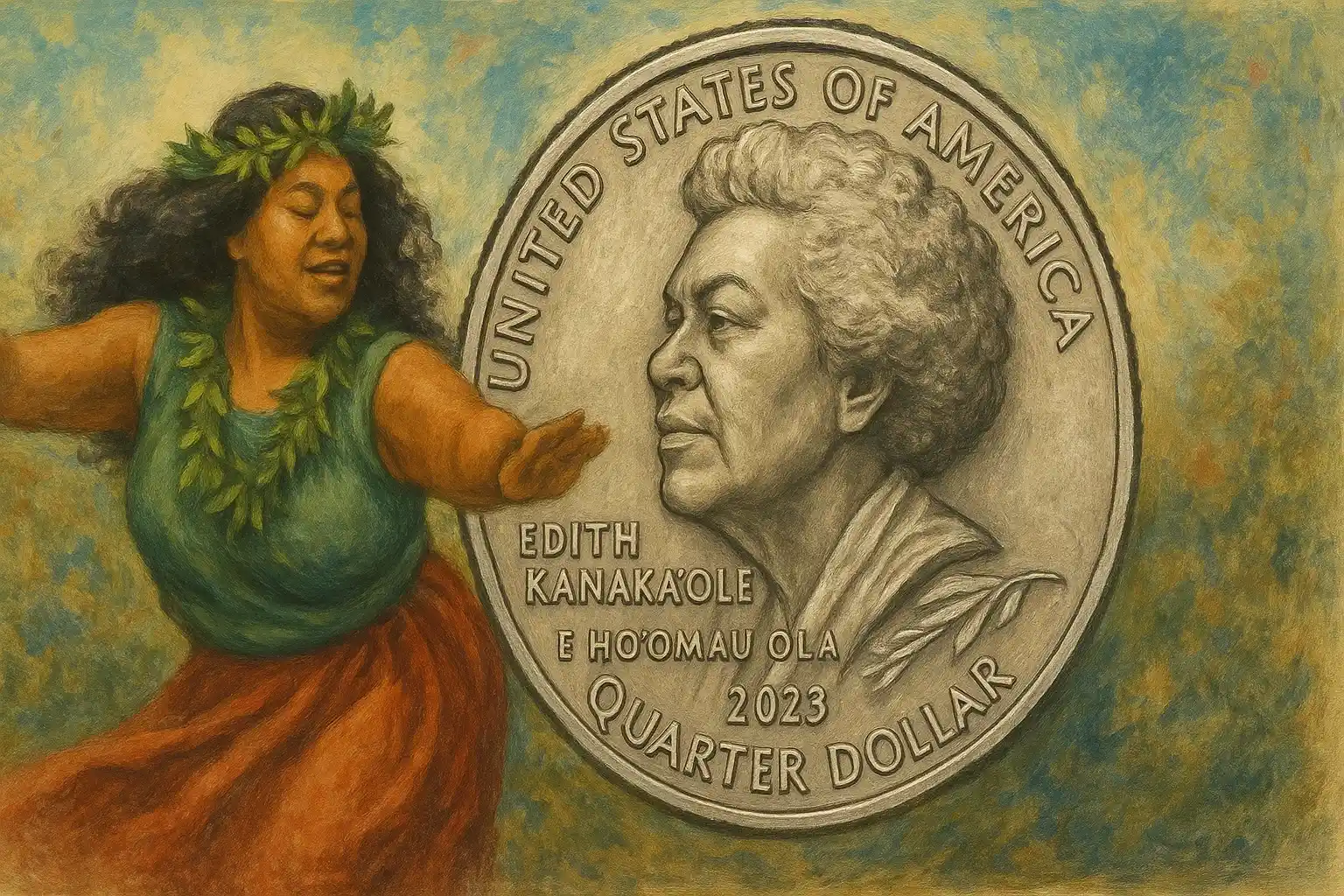 A collage of Edith Kanaka’ole dancing and a quarter devoted to her.